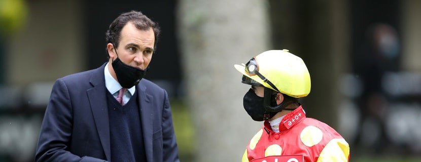 Andrea Atzeni and trainer Tom Clover before Betway Handicap at Haydock Park Racecourse. June 9, 2020. Photo David Davies / Pool Via Racingfotos.com