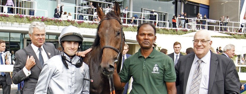 DUTCH LAW (Charlie Bennett) with Tony Stafford and trainer Hughie Morrison after The Albert Bartlett Handicap Ascot 3 Sep 2016 - Pic Steven Cargill / Racingfotos.com