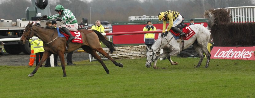 Tornado Flyer and Danny Mullins jump the last to win the Ladbrokes King George VI Chase at Kempton as his Willie Mullins stable companion Asterion Forlonge and Bryan Cooper fall at the last. Horse and jockey ok. 26/12/2021 Pic Steve Davies/Racingfotos.com