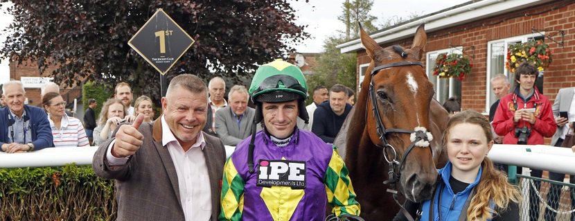 WHO'S THE GUV'NOR (Brian Hughes) with Micky Hammond after The Graziano Lembo Memorial Handicap Chase Market Rasen 3 Jul 2022 - Pic Steven Cargill / Racingfotos.com