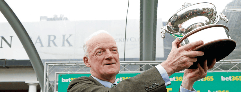 Willie Mullins receives trophy for Champion NH trainer Sandown 27 Apr 2024 - Pic Steven Cargill / Racingfotos.com