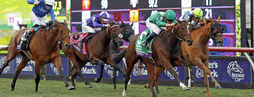GEZORA (Mickael Barzalona) beats SHE FEELS PRETTY (right) and DIAMOND RAIN (left) in The Breeders' Cup Filly & Mare Turf Del Mar USA 1 Nov 2025 - Pic Steven Cargill / Racingfotos.com