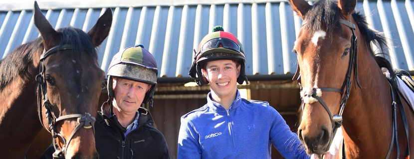 Tommy Cooper Stables, Farmer's Bridge, Tralee, Co.Kerry 8-4-20. Jump jockey Bryan Cooper with Dad TOM, taking a 2-y-old filly by "Bungle Inthejungle" and 2-y-old colt by "Bated Breath" for morning exercise at his father's stables during the Covid-19 Coronavirus lockdown for horse racing. Photo Healy Racing / Racingfotos.com