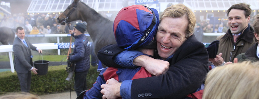 Gavin Sheehan celebrates Coral Gold Cup Chase success for trainer Jamie Snowden on Datsalrightgino at Newbury 2/12/23. He'll be targeting the race again in 2025 with Colonel Harry. Pic Steve Davies/Racingfotos.com