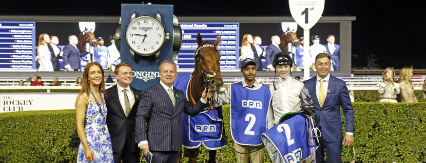 TWO TRIBES (Billy Loughnane) with Richard Spencer and Phil Cunningham winner of the ARN Handicap Meydan, Dubai 2 Jan 2026 - Pic Steven Cargill / Racingfotos.com
