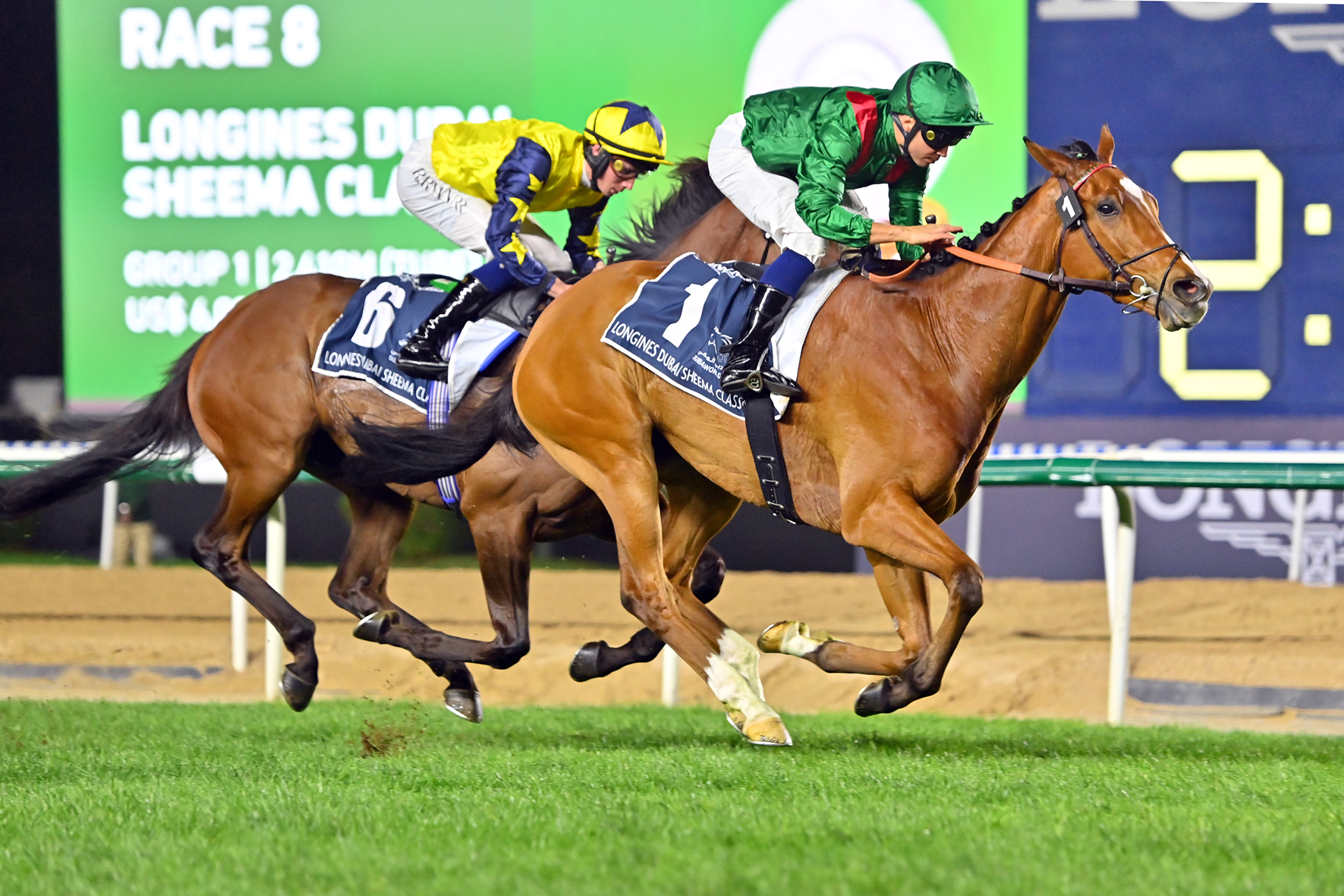 28.03.2026, Dubai, Calandagan with Mickael Barzalona up wins the Dubai Sheema Classic at Meydan racecourse, UAE. Photo GALOPPFOTO/Racingfotos.com