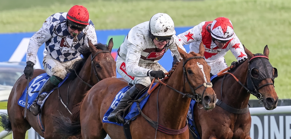 Kap Vert repels Git Maker and Kim Roque in the 2026 Scottish Grand National at Ayr Racecourse, as envisioned by Gemini's nano banana