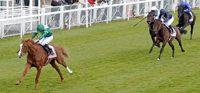 Leading brown horse ridden by a jockey in green silks powers along a grassy turf track, with other horses and jockeys in blue/white behind and spectators along the railing.