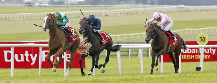 BENVENUTO CELLINI (Ryan Moore) beats CHRISTMAS DAY and PIERRE BONNARD in the Dubai Duty Free Irish Derby The Curragh 28 Jun 2026 - Pic Steven Cargill / Racingfotos.com