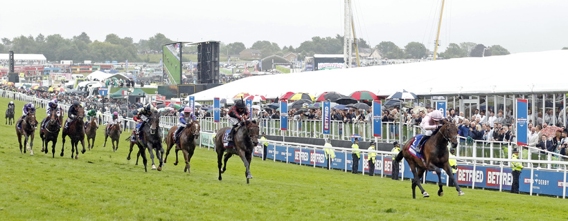 Horses with jockeys sprint along a grass racecourse as spectators watch from the rails in a busy festival setting.