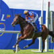 Horse and jockey in blue and orange riding gear jumping over a hurdle on a bright racetrack with a blue Coral banner in the background.